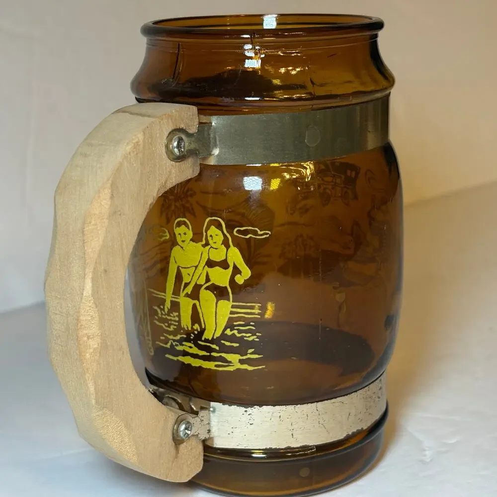 Vintage Myrtle Beach South Carolina Souvenir Brown Glass Barrel Mug Wood Handle